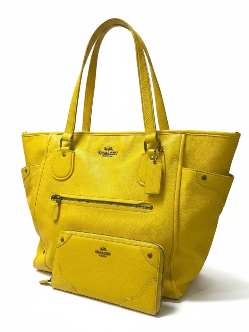 COACH Leather Mickie Tote Handbag Carryall in Yellow Matching Wallet & Dust Bag